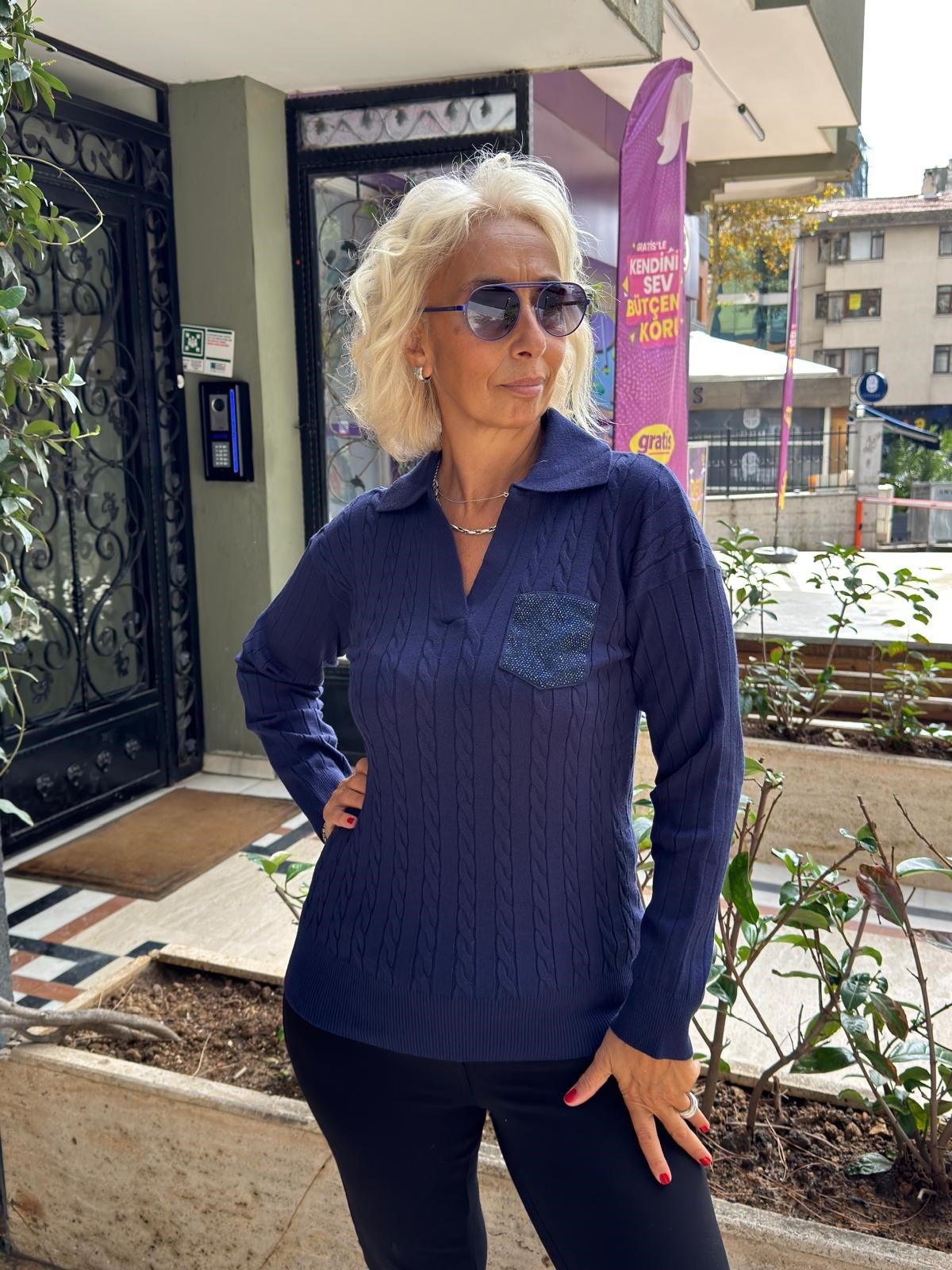 Polo Yaka Saç Örgülü Cep Detaylı Triko Bluz