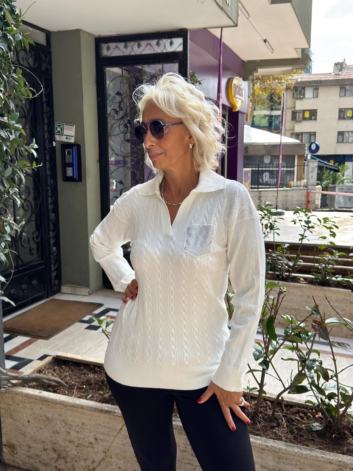 Polo Yaka Saç Örgülü Cep Detaylı Triko Bluz