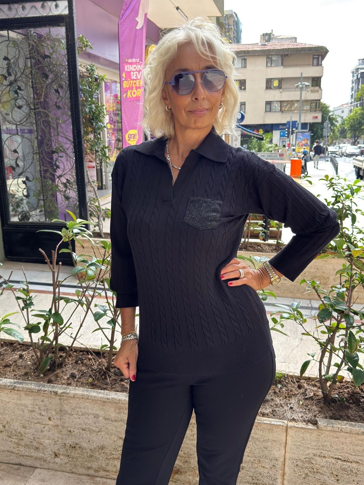 Polo Yaka Saç Örgülü Cep Detaylı Triko Bluz