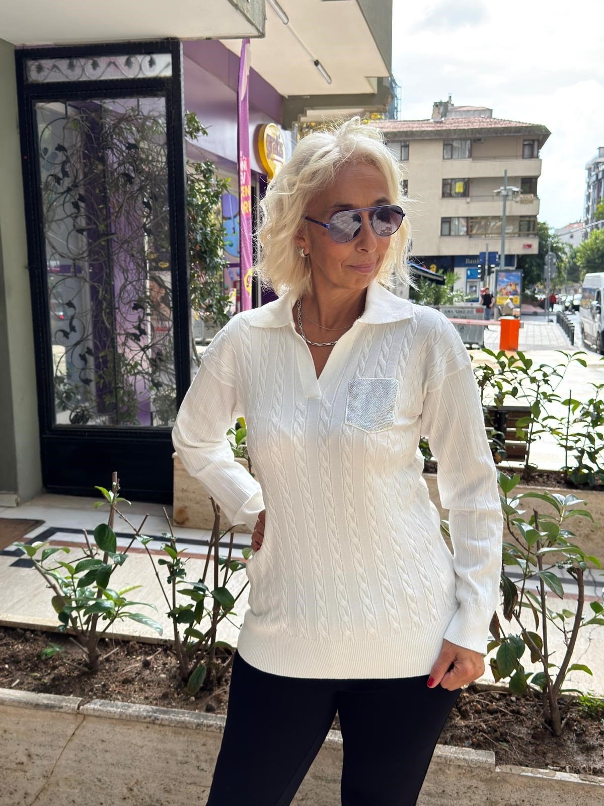 Polo Yaka Saç Örgülü Cep Detaylı Triko Bluz