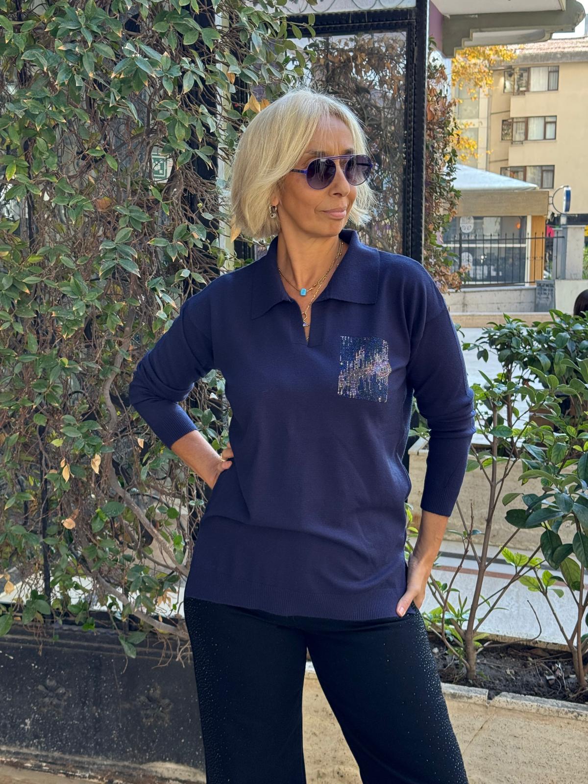 Polo Yaka Taş Cepli Triko Bluz