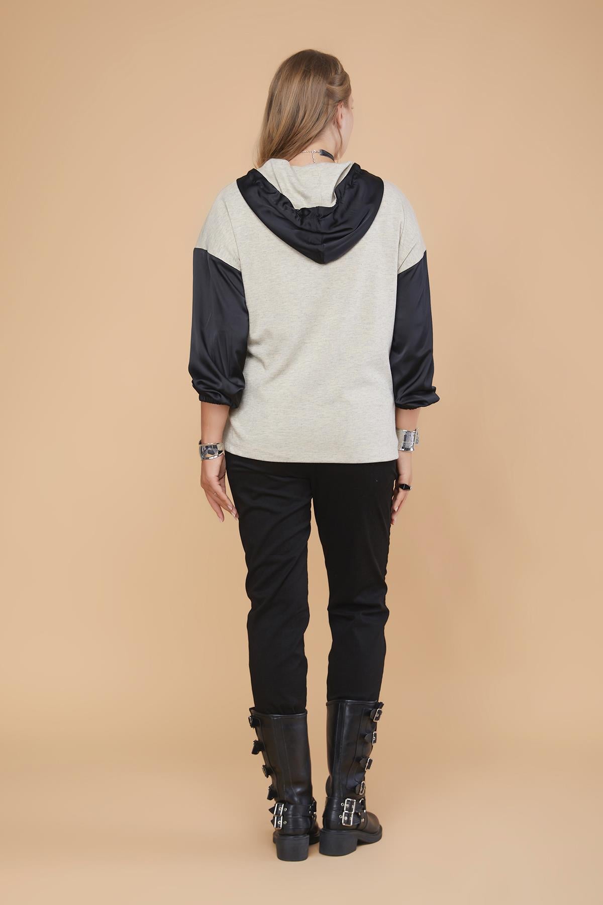 Saten Garnili Kapşonlu Sweatshirt