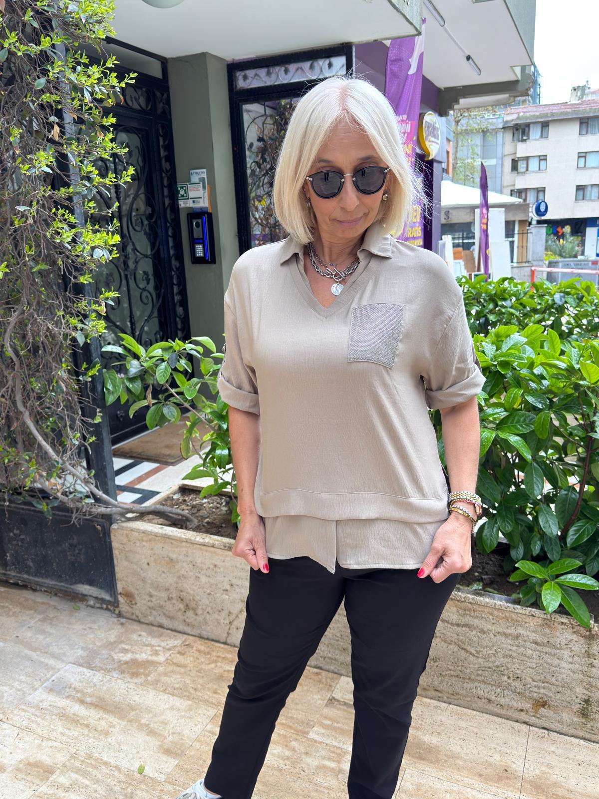 Taş Cep Detaylı Gömlek Bluz 