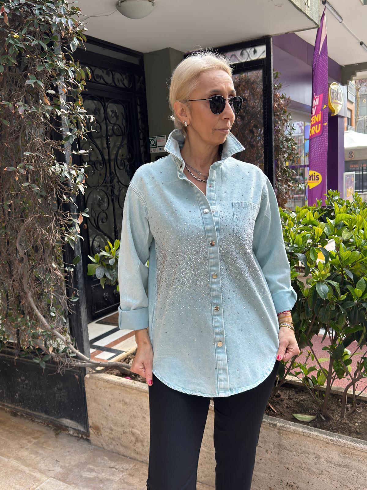 Taşlı Jeans Kot Gömlek