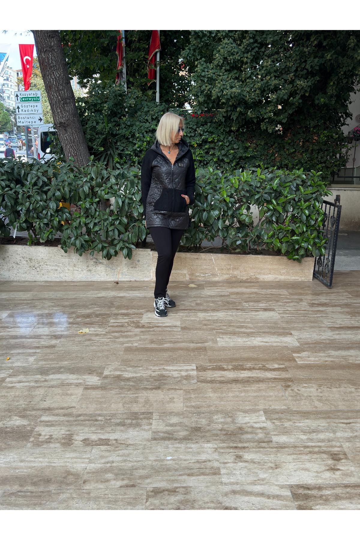 Triko Garnili Kapşonlu Kaban