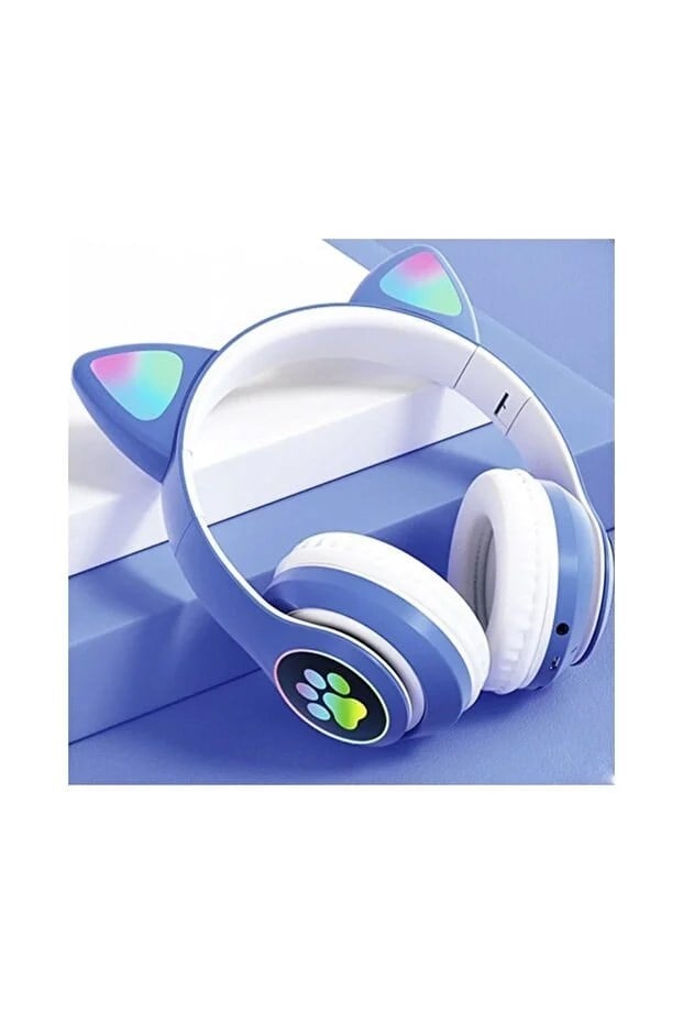 CAT Stn-28 Pro Sevimli Kedi Kulaklık – LED Işıklı, Katlanabilir, Kablosuz Bluetooth 5.3, Uzun Pil Ömrü, iOS & Android Uyumlu Stereo Kulaküstü Kulaklık (MAVİ)