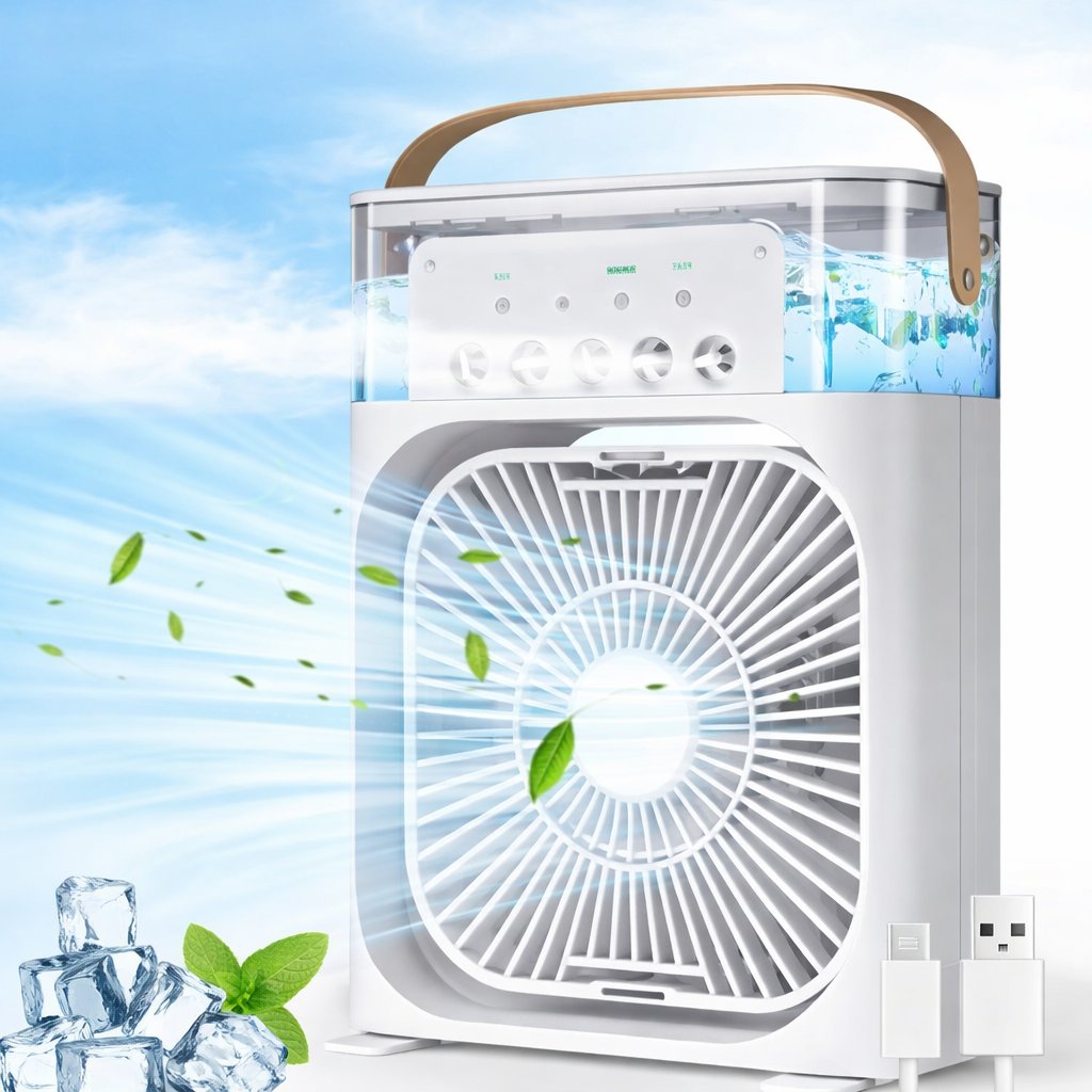Cullera BDS-01 Yeni Işıklı 600ml 5 Spreyli Vantilatör Buzlu Buharlı Mini Klima Mini Fan