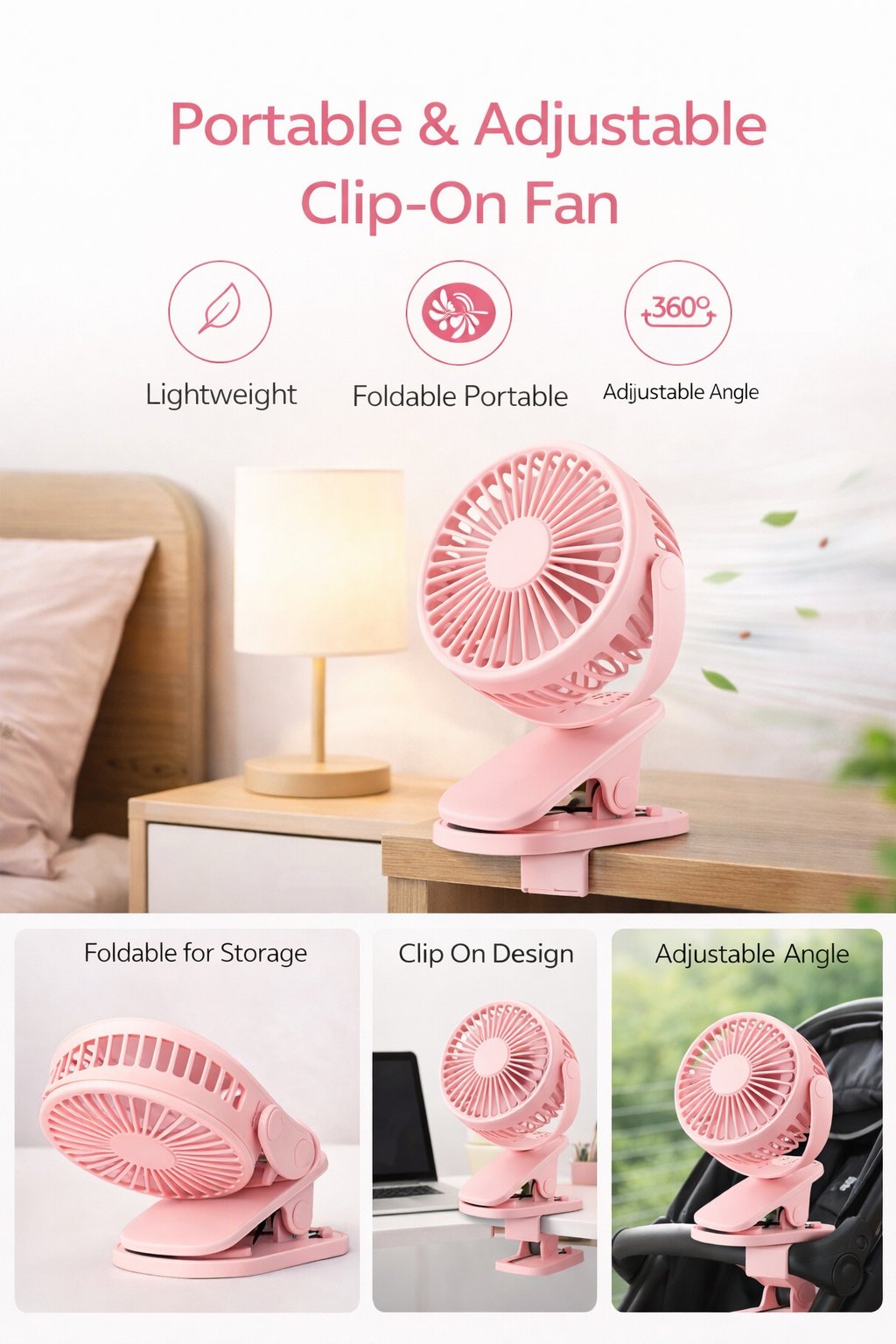 Cullera KK-18 Pembe Taşınabilir Klipsli Fan Pil ile Çalışır, 3 Hızlı USB Şarj Edilebilir Mini Masa Fanı