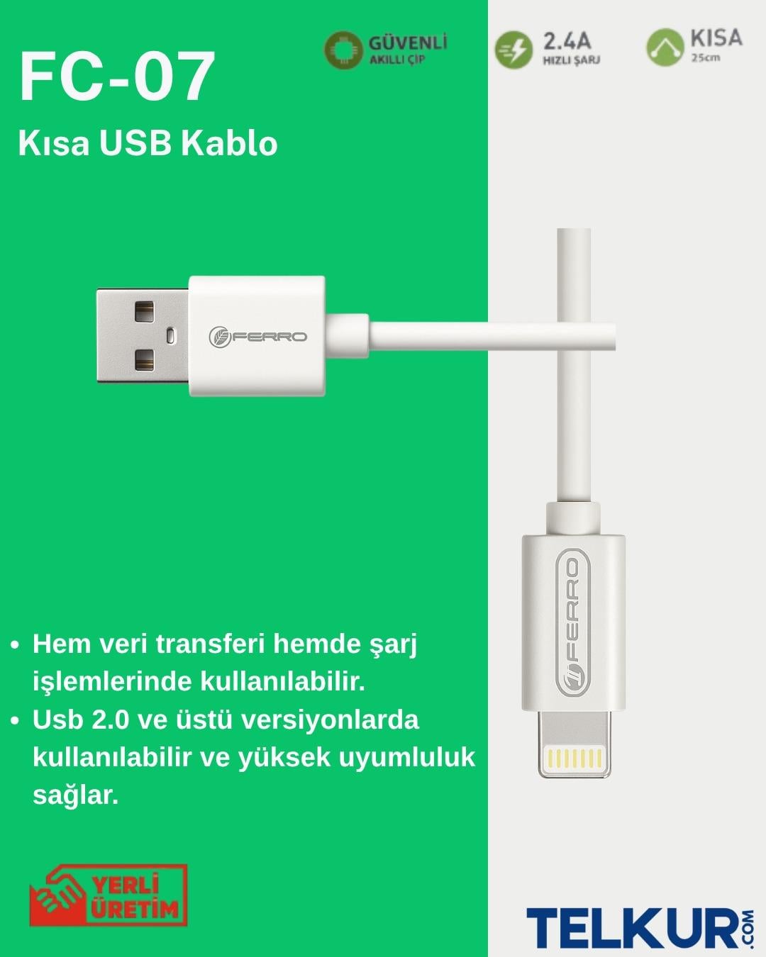 FERRO FC-07 IPhone Modeller İçin Uyumlu Lightning Powerbank Hızlı Şarj ve Data Kablosu 0,25cm