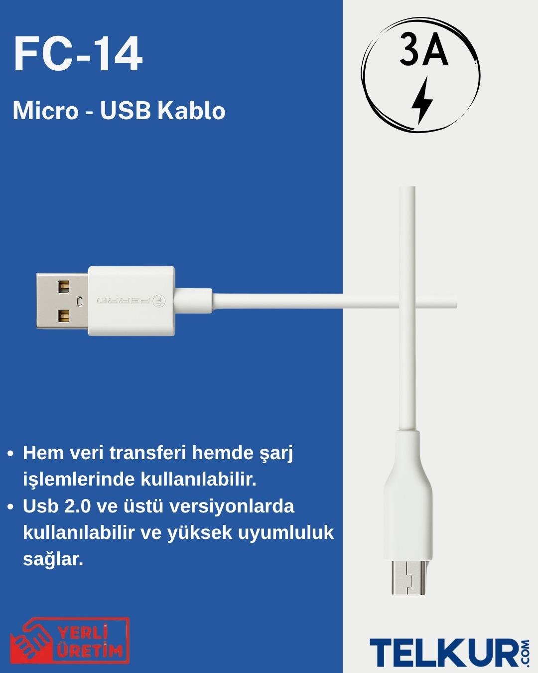 FERRO FC-14 Usb & Micro  Hızlı Şarj ve Data Kablosu 3.0 Amper