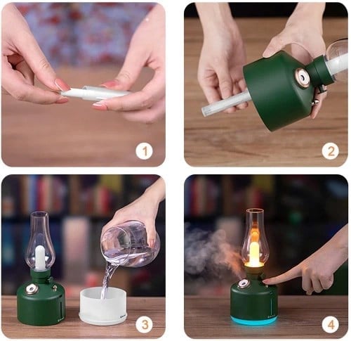 Ferro LA-0621  Gaz Lambası Görünümlü Gece Lambası 280ML Ayarlanabilir LED Işıklı Oda Kokusu Hava Nemlendirici Yeşil