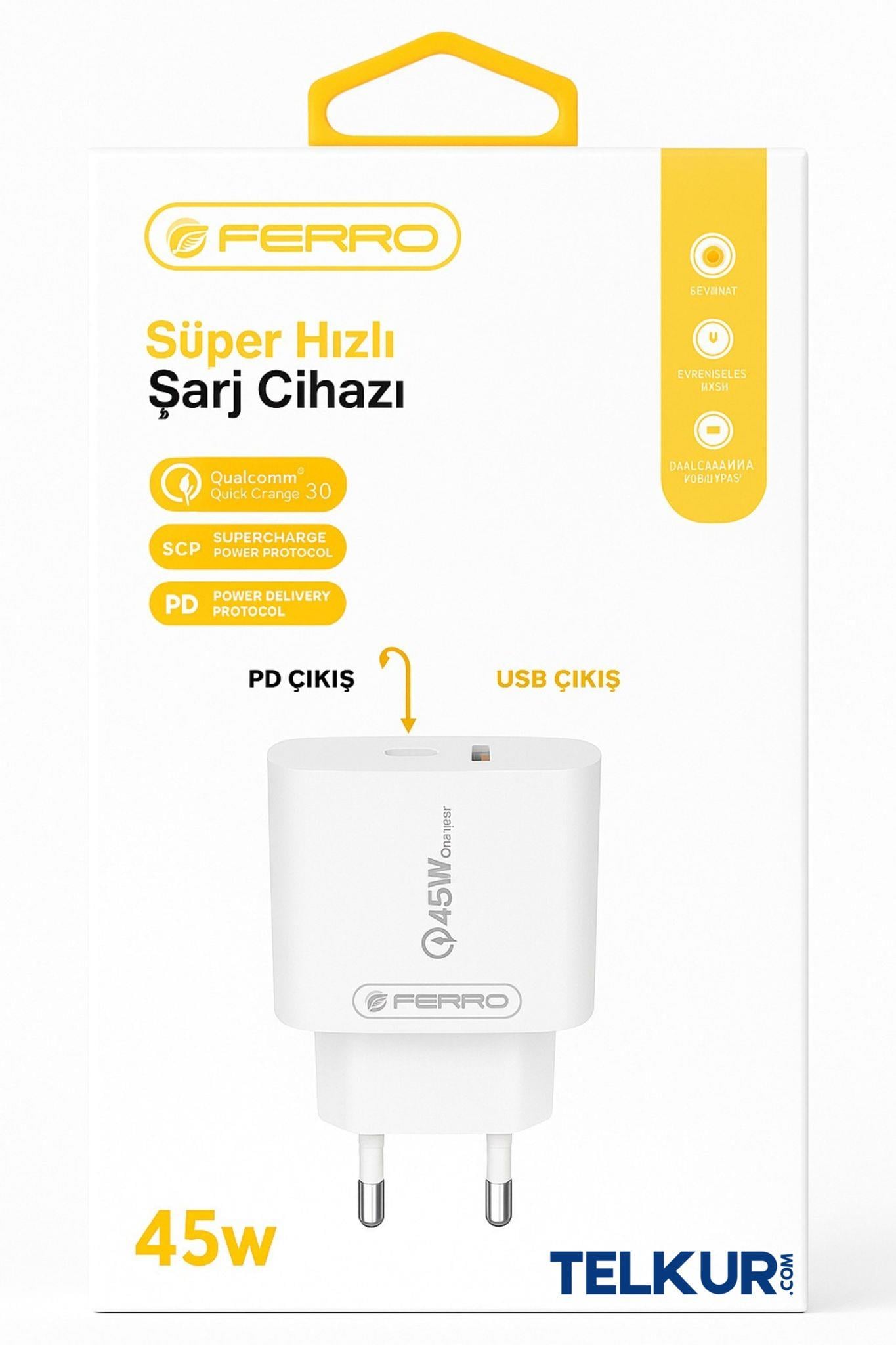 FERRO W45 Qualcom 3.0 USB+PD 45W Supet Hızlı Şarj Başlık