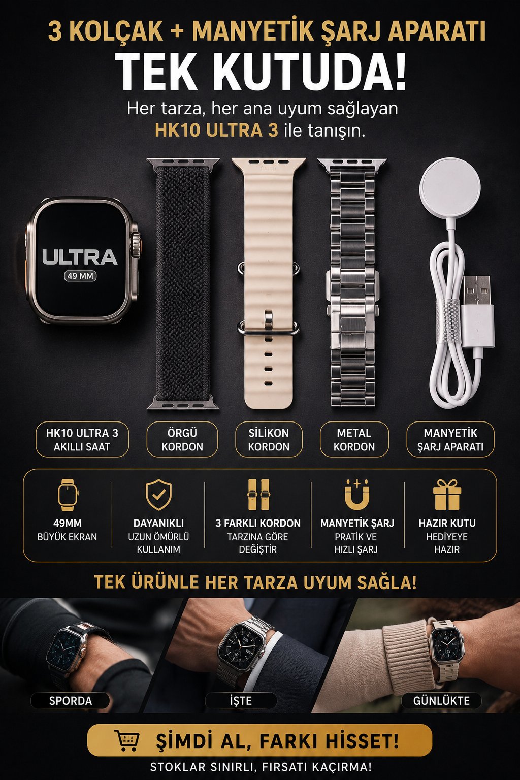 HK 10 ULTRA  3 Akıllı Saat - Nabız Ölçer, Spor Modları, Bildirim, Uzun Batarya