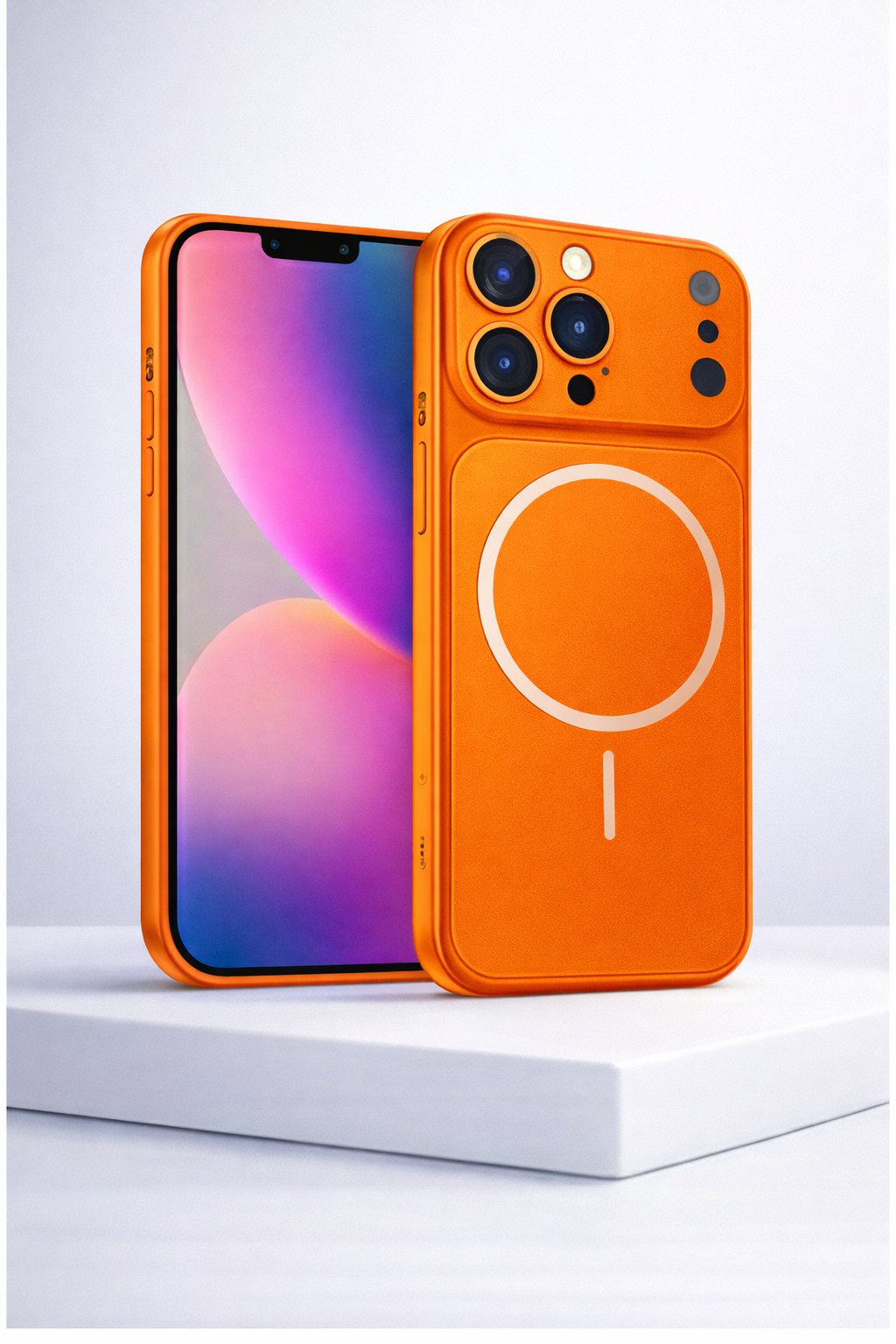İPhone 13 Pro Max Uyumlu İPhone 17 Pro Max Görünümlü Magsafeli Kamera Kamera Lensli Kılıf Turuncu