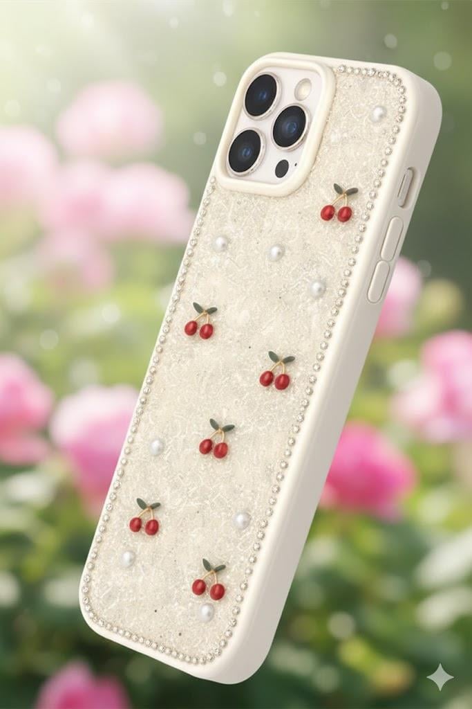 İPhone 13 Pro Max Uyumlu Kiraz Figürlü Simli İnci Taşlı Lüx Silikon Kılıf Krem