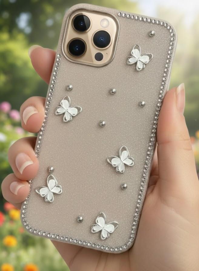 İPhone 14 Pro Max Uyumlu Kelebek Figürlü Simli İnci Taşlı Lüx Silikon Kılıf Açık Kahve