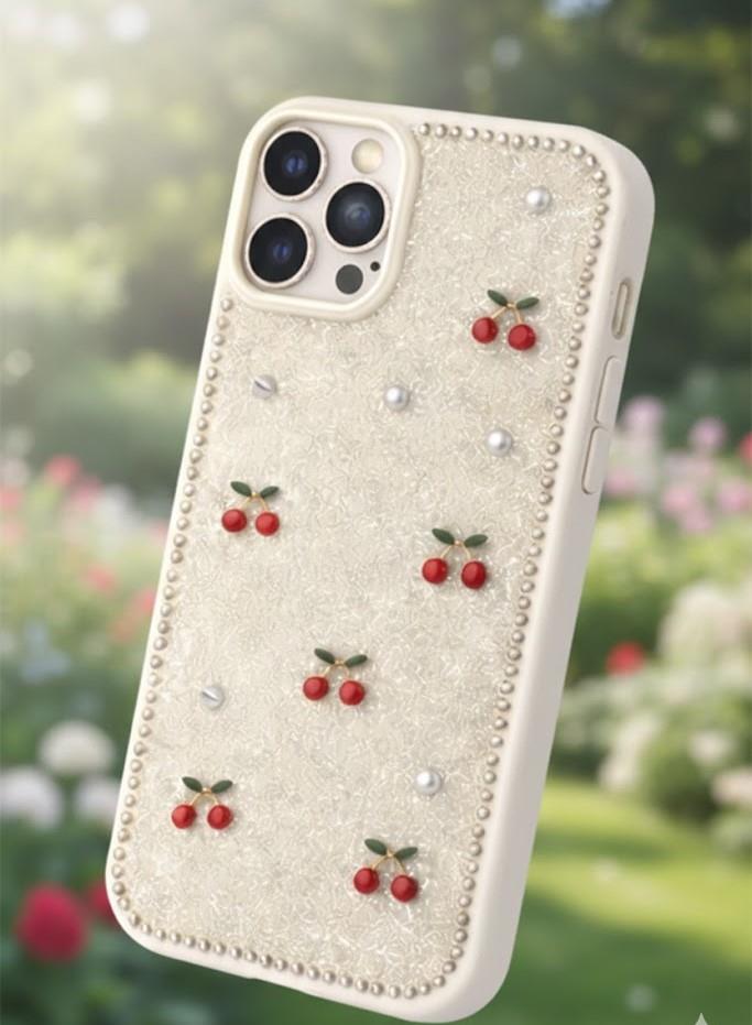 İPhone 14 Pro Uyumlu Kiraz Figürlü Simli İnci Taşlı Lüx Silikon Kılıf Krem