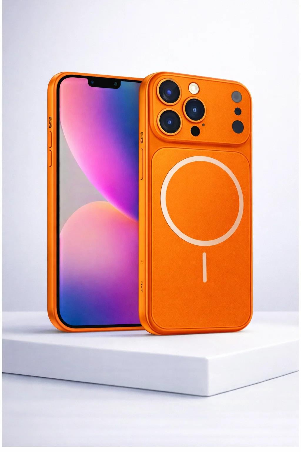 İPhone 15 Pro Max Uyumlu İPhone 17 Pro Max Görünümlü Magsafeli Kamera Kamera Lensli Kılıf Turuncu