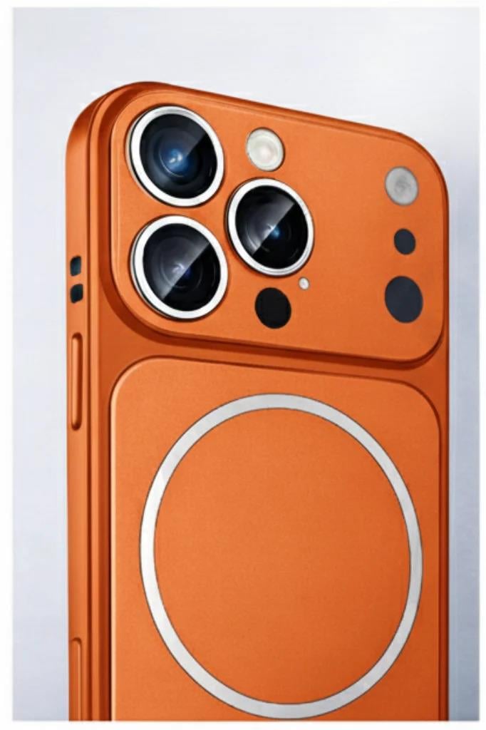 İPhone 16 Pro Max Uyumlu İPhone 17 Pro Max Görünümlü Magsafeli Kamera Kamera Lensli Kılıf Turuncu