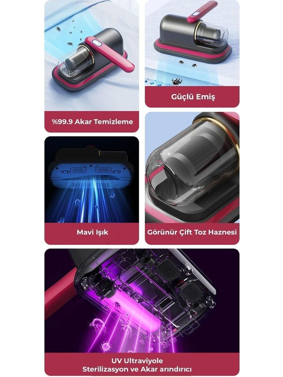 Kablosuz Mini Şarjlı Uv-C Işınlı Çarşaf - Koltuk - Tüy Temizleme El Gırgır Süpürgesi