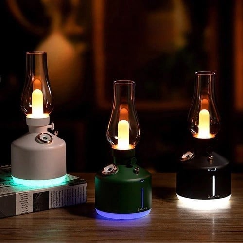 LA-0621-1 Gaz Lambası Görünümlü Gece Lambası 280ML Ayarlanabilir LED Işıklı Oda Kokusu Hava Nemlendirici Beyaz