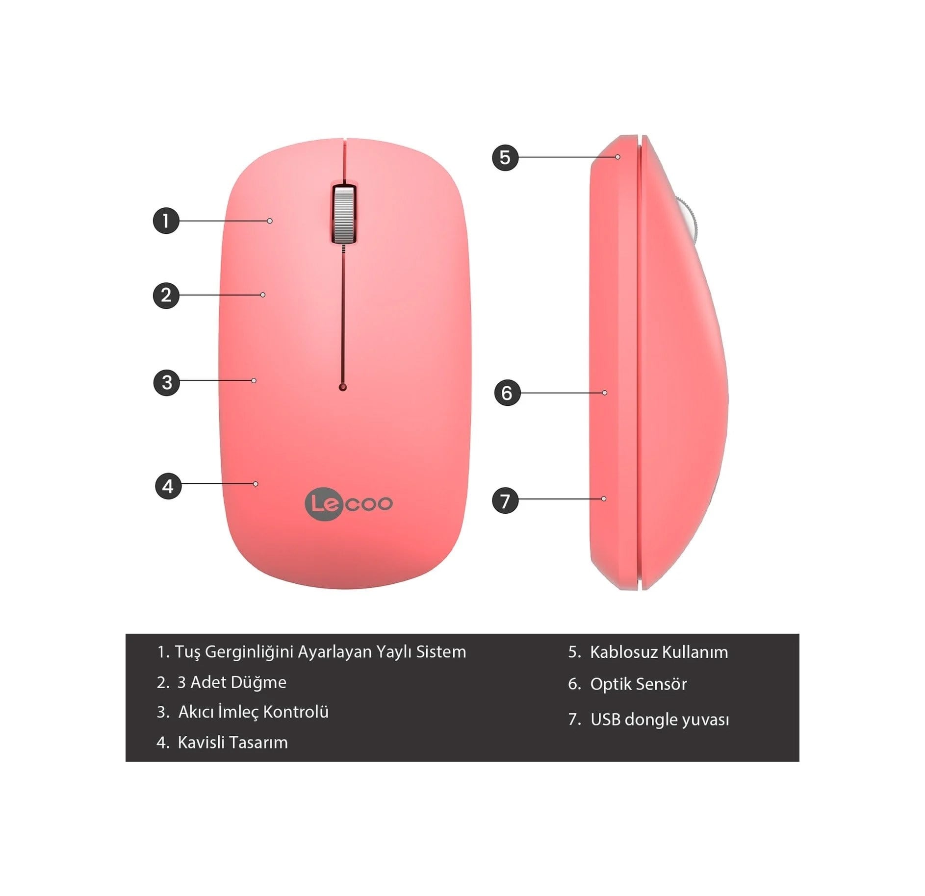 Lenovo Lecoo WS214 Sessiz Ergonomik Kablosuz Mouse – 2.4GHz Optik, USB Alıcılı, Hassas DPI, Ofis & Laptop Uyumlu (Pembe)
