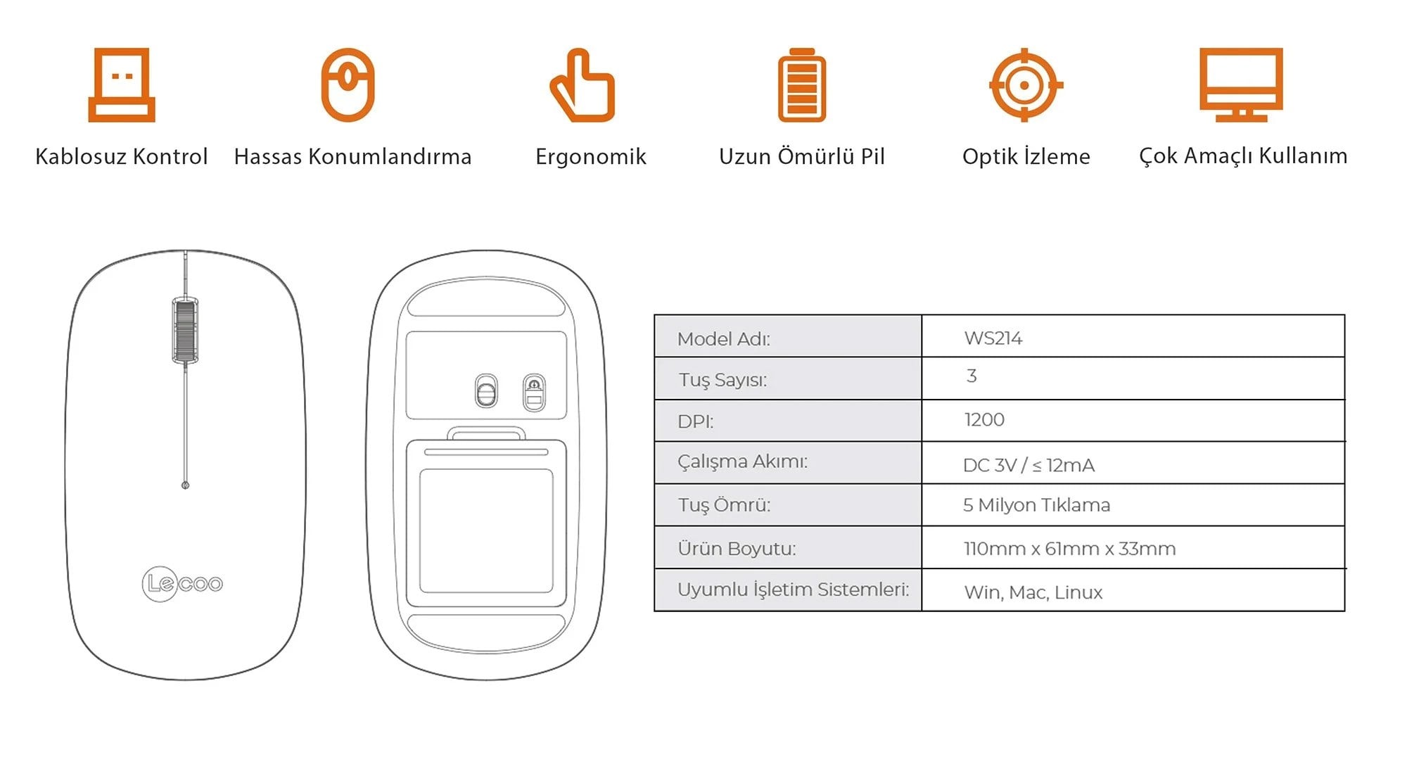 Lenovo Lecoo WS214 Sessiz Ergonomik Kablosuz Mouse – 2.4GHz Optik, USB Alıcılı, Hassas DPI, Ofis & Laptop Uyumlu (BEYAZ)