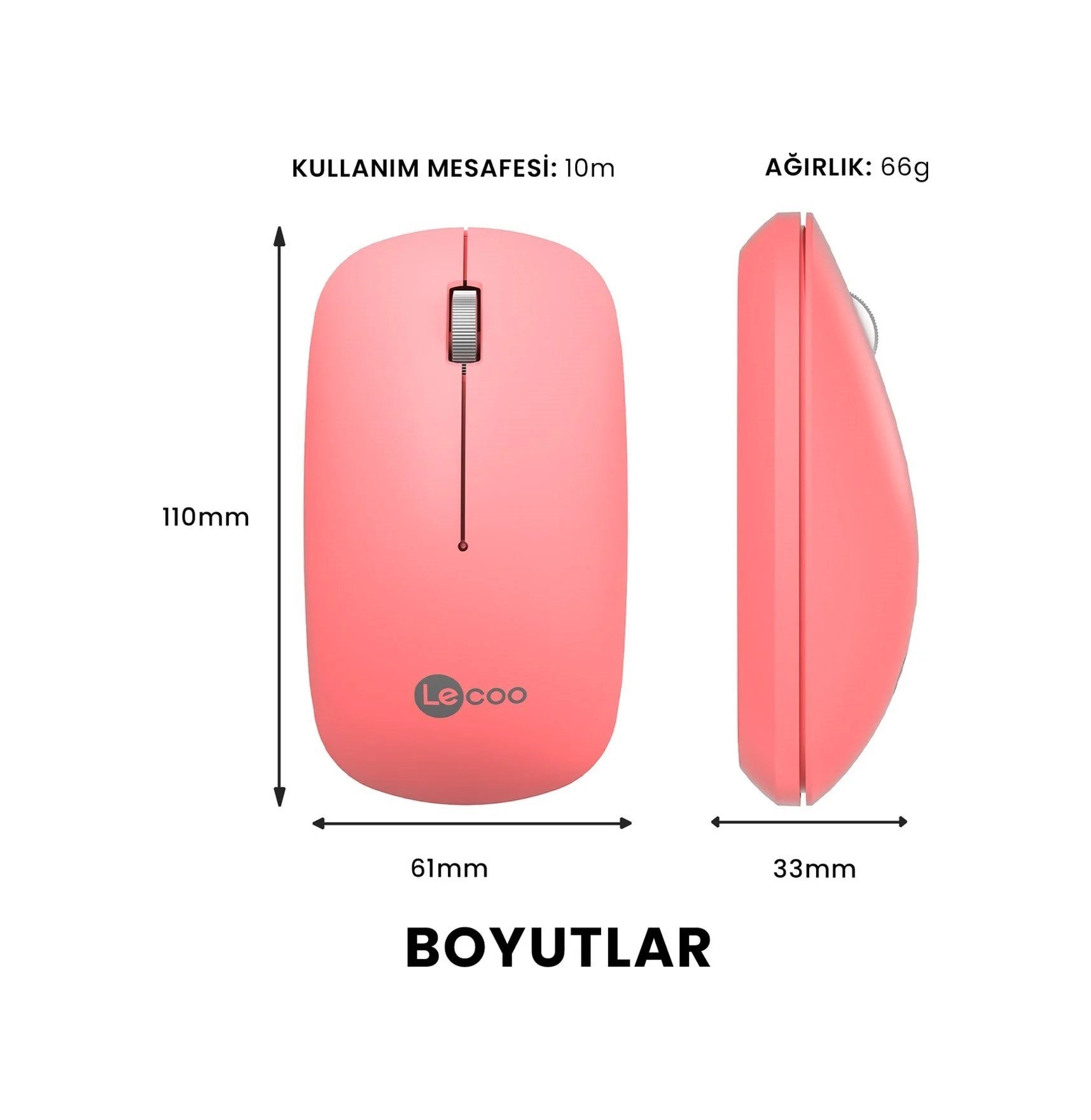 Lenovo Lecoo WS214 Sessiz Ergonomik Kablosuz Mouse – 2.4GHz Optik, USB Alıcılı, Hassas DPI, Ofis & Laptop Uyumlu (Pembe)