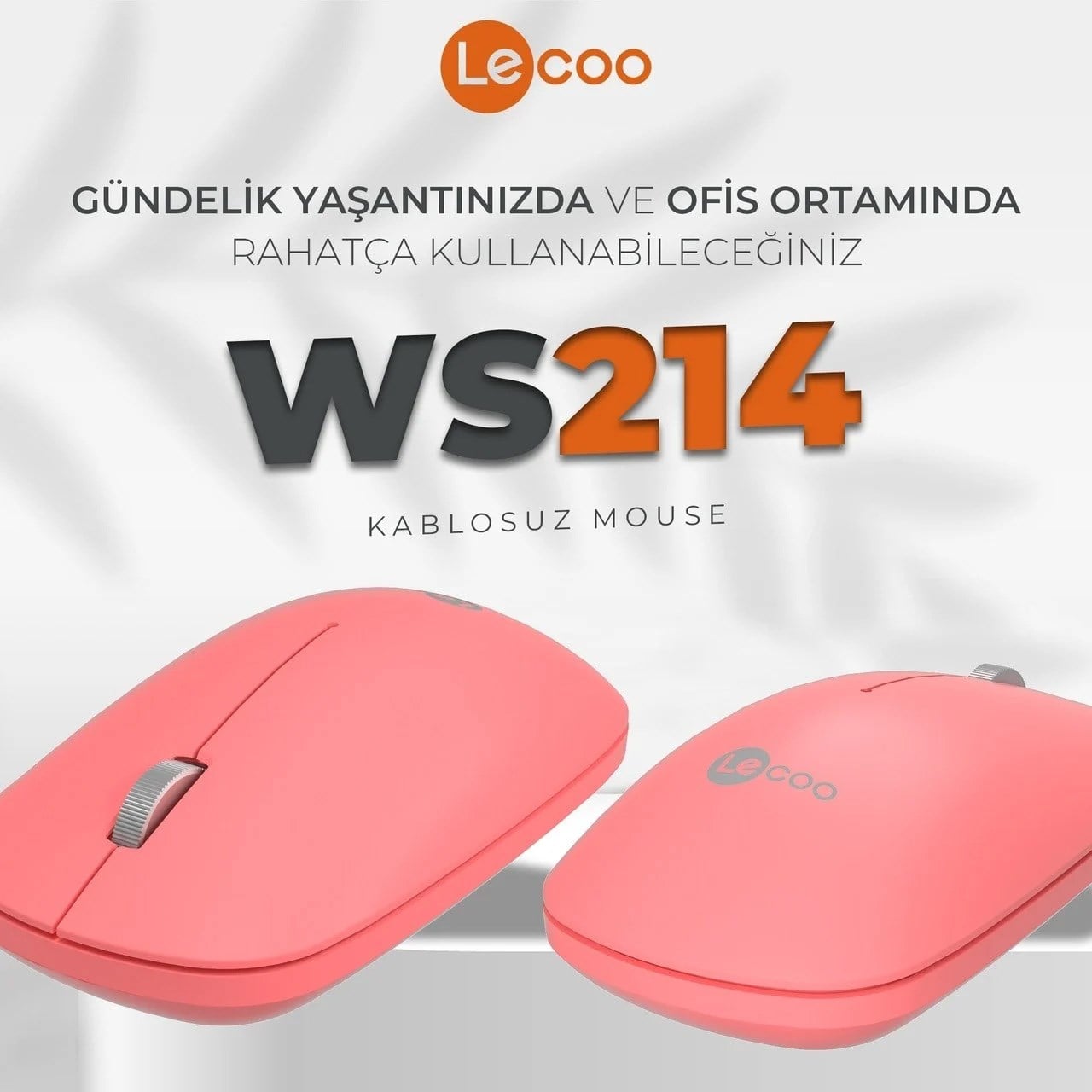 Lenovo Lecoo WS214 Sessiz Ergonomik Kablosuz Mouse – 2.4GHz Optik, USB Alıcılı, Hassas DPI, Ofis & Laptop Uyumlu (Pembe)