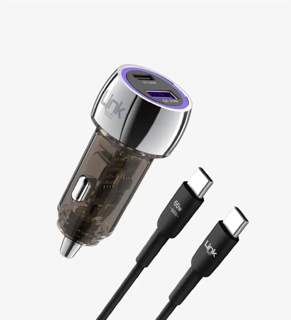Linktech C437 Şeffaf 55W Çift PD (30W) ve QC (25W) Süper Hızlı Araç Şarj Cihazı Type-C→Type-C Kablo ile
