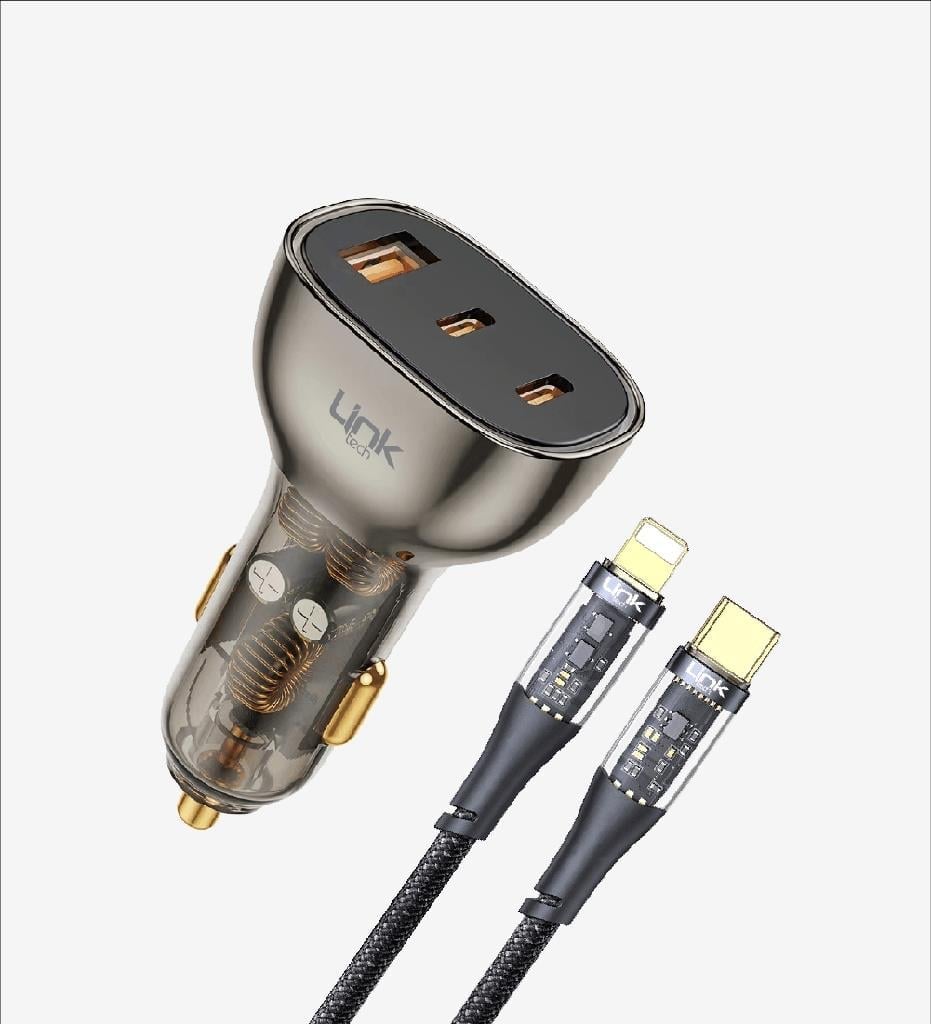 LinkTech C507 Şeffaf 80W (2X PD 20W + QC 30W) Type-C Lightning Kablolu Süper Hızlı Araç Şarj Cihazı 