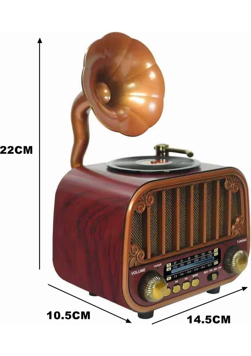 Nostaljik Gramofon Tasarımlı Bluetooth Hoparlör – 3 Bant Radyo, USB/TF Kart, AUX, Type-C | Retro Şıklık + Modern Ses Deneyimi (KAHVERENGİ)