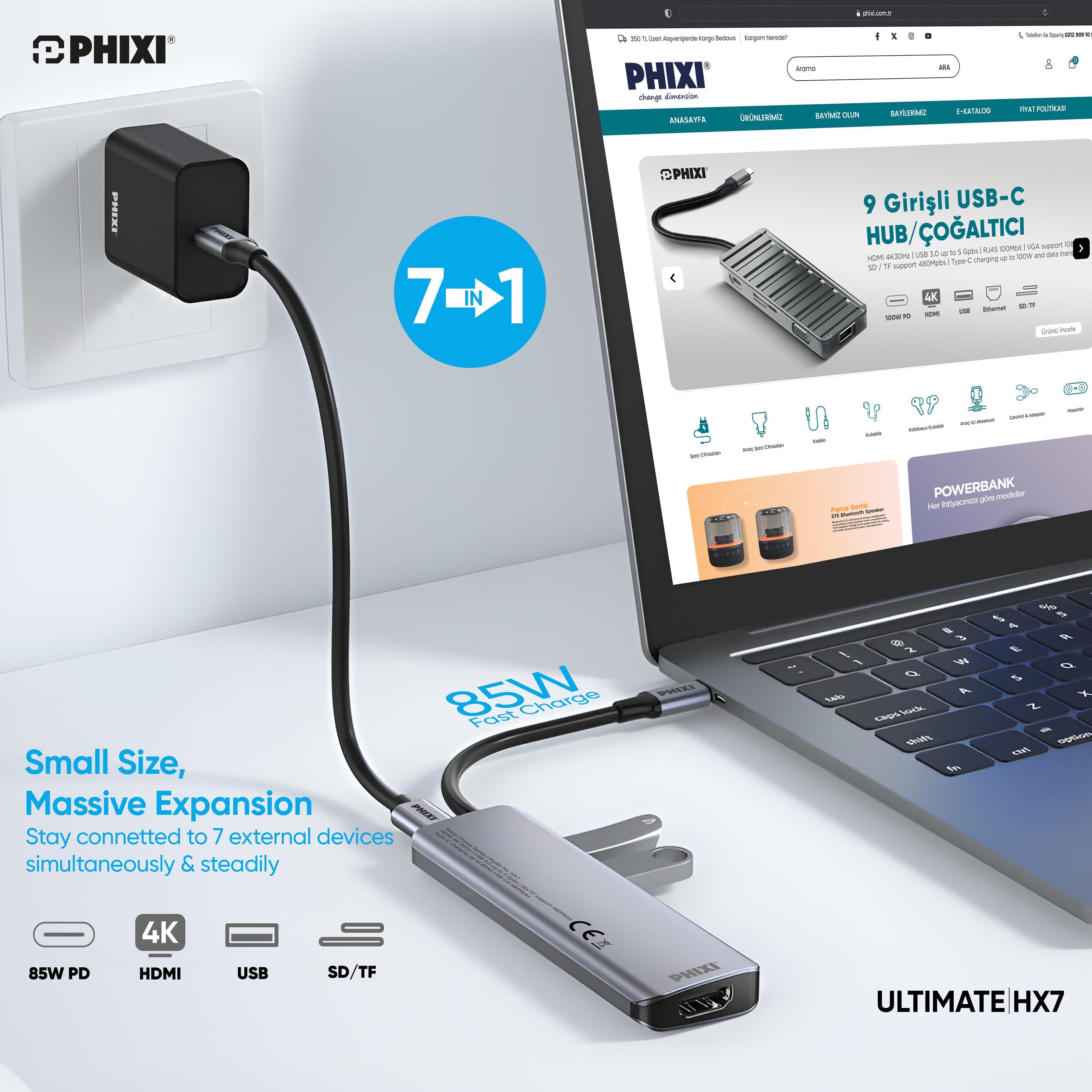 PHİXİ Force 7 in 1 USB C to HDMI VGA Ethernet Hub Çoklayıcı Hub