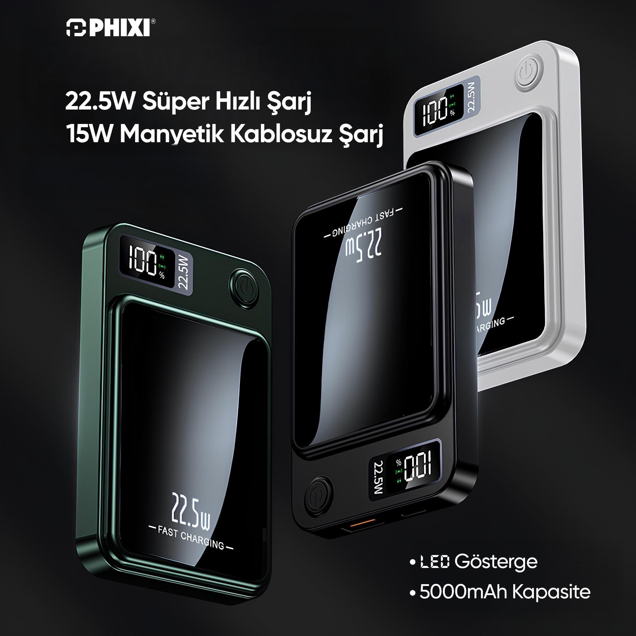 Phixi Force PW5 5000mAh 22.5W MagSafe Powerbank - Kablosuz Mini Şarj Cihazı - 1 USB 1 PD Port - Dijital Ekran - Taşınabilir Şarj Cihazı
