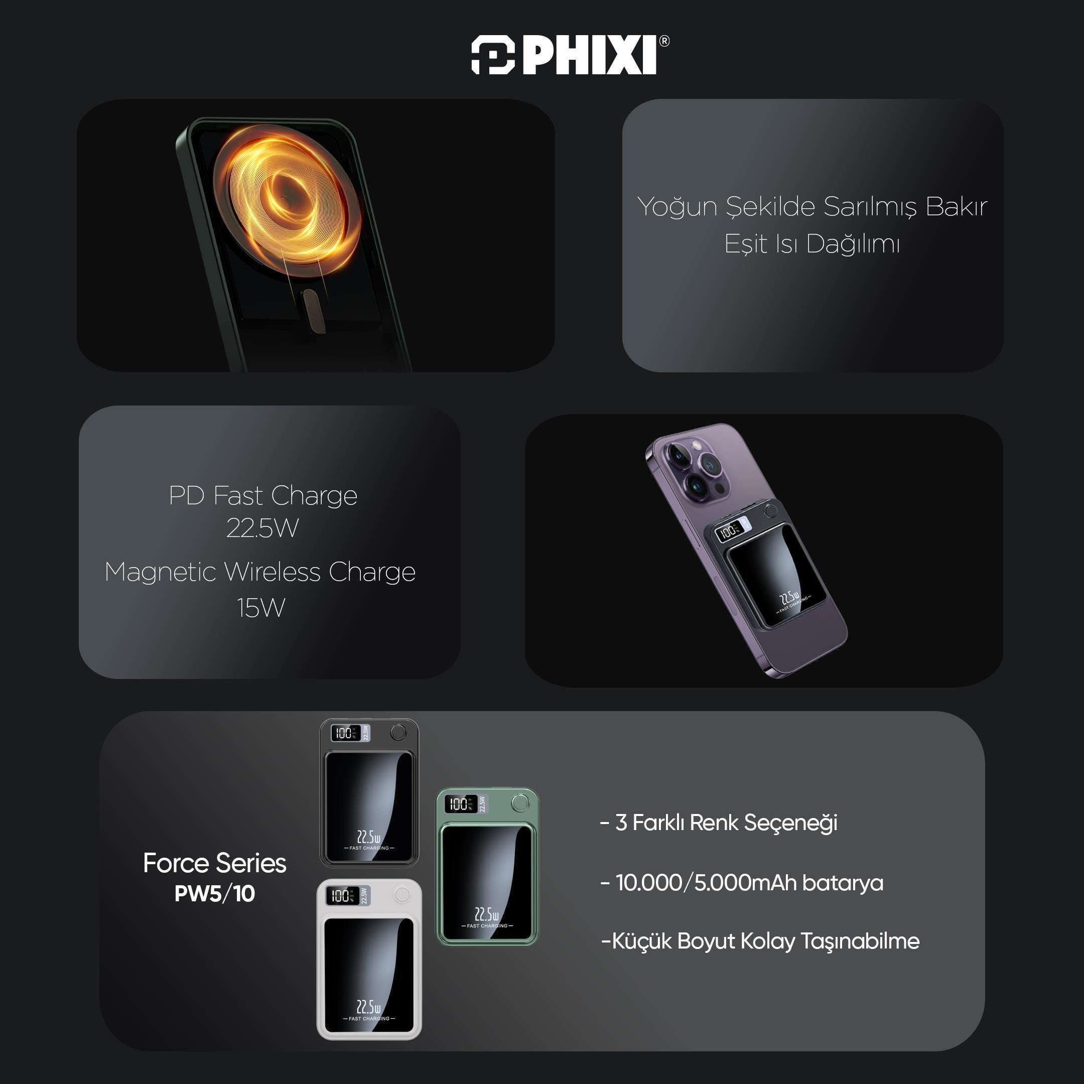 Phixi Force PW5 5000mAh 22.5W MagSafe Powerbank - Kablosuz Mini Şarj Cihazı - 1 USB 1 PD Port - Dijital Ekran - Taşınabilir Şarj Cihazı