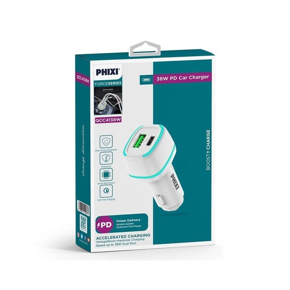 Phixi Force QCC4138 Çift Çıkışlı PD Destekli 38W Araç Şarj Adaptörü