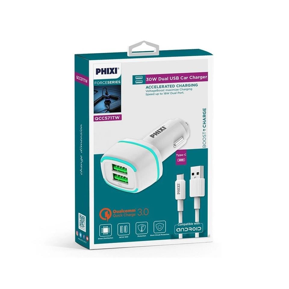 Phixi Force QCC571TW Çift Çıkışlı Araç Şarj Adaptörü