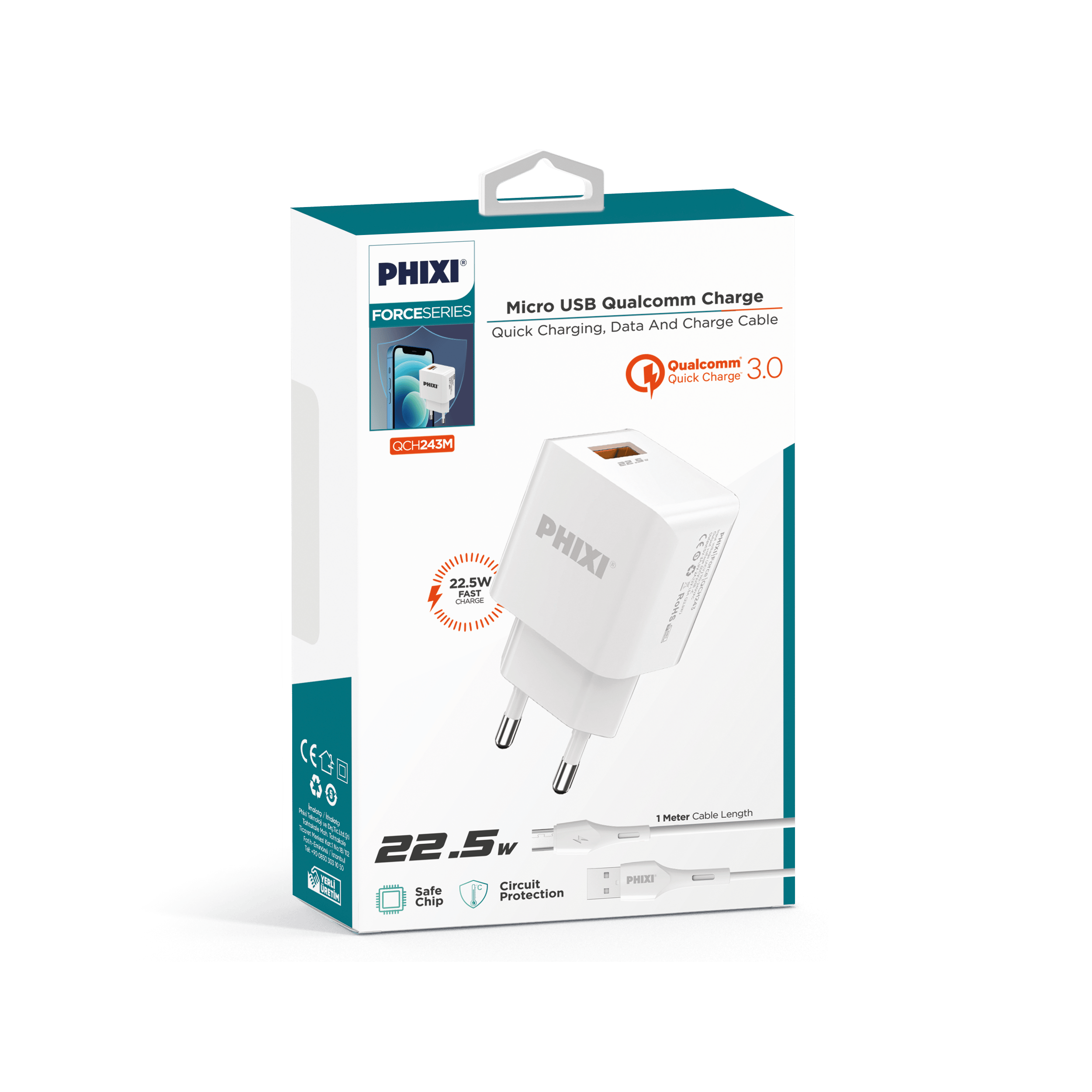 PHİXİ QCH243M FORCE AKIM KORUMALI 3.0A MİCRO USB KABLOLU ŞARJ CİHAZI