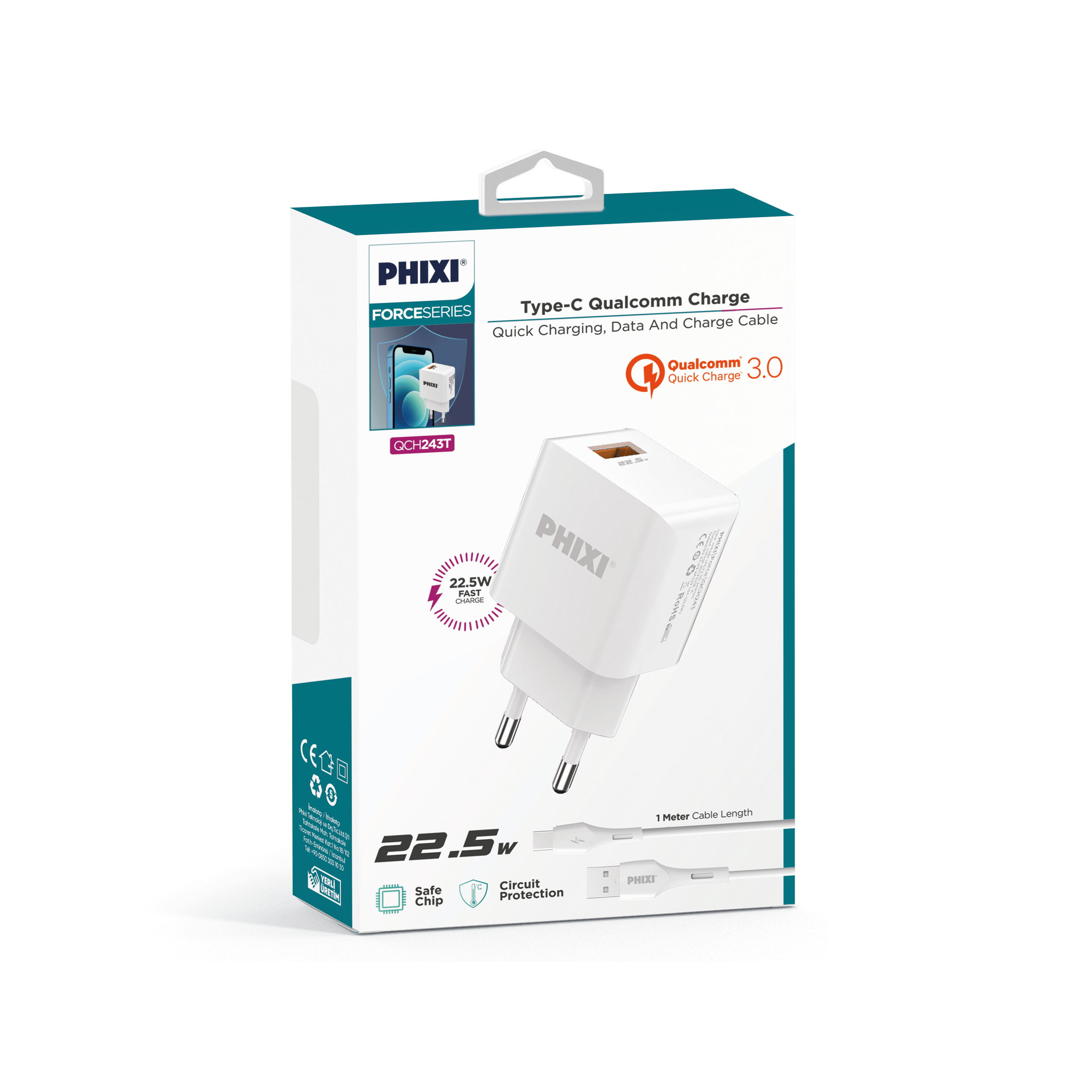 PHİXİ QCH243T FORCE AKIM KORUMALI 3.0A TYPE-C USB KABLOLU ŞARJ CİHAZI