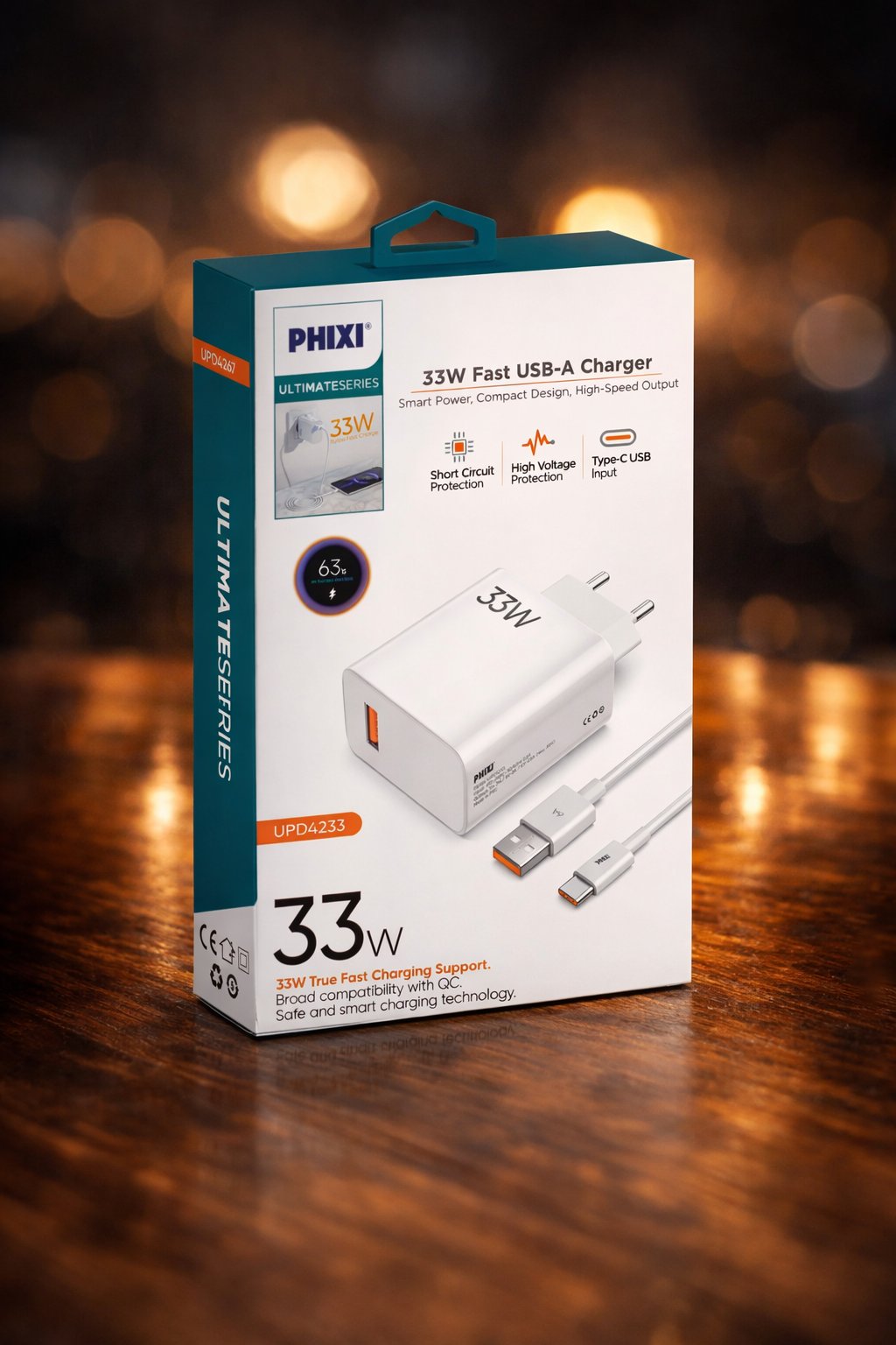 Phixi Ultimate Serisi UPD4233 33W Type-C Şarj Cihazı + USB-A Kablo – Fast Charge