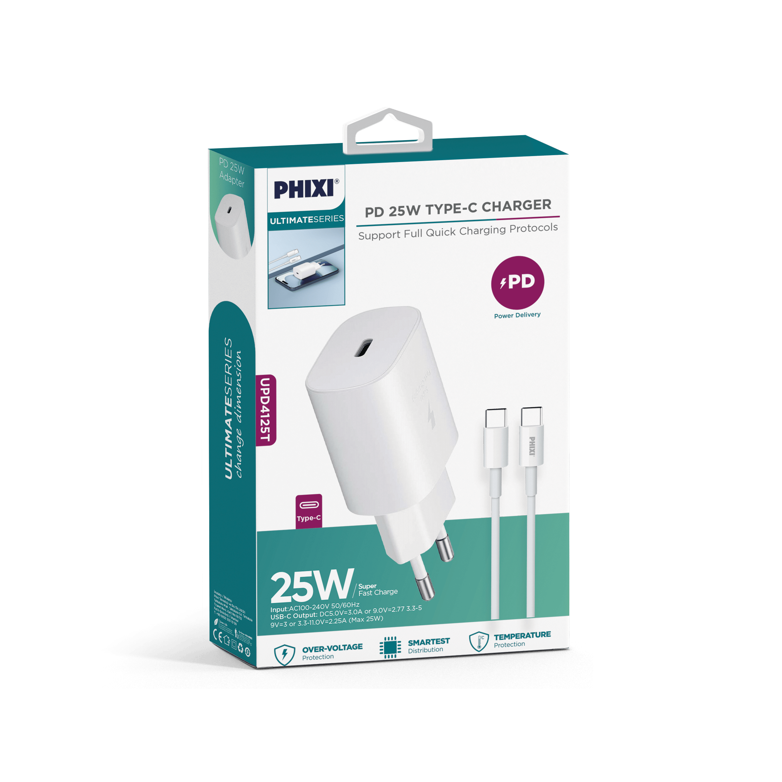 PHİXİ ULTİMATE UPD4125T 25W PD GİRİŞLİ TYPE-C HIZLI ŞARJ CİHAZI