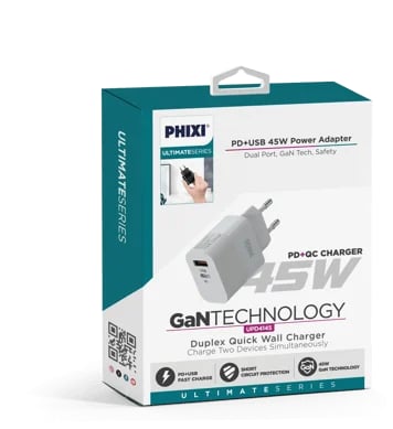 Phixi Ultimate UPD4145 45W GaN Teknolojisi PD+USB Girisli Seyahat Sarj Adaptörü