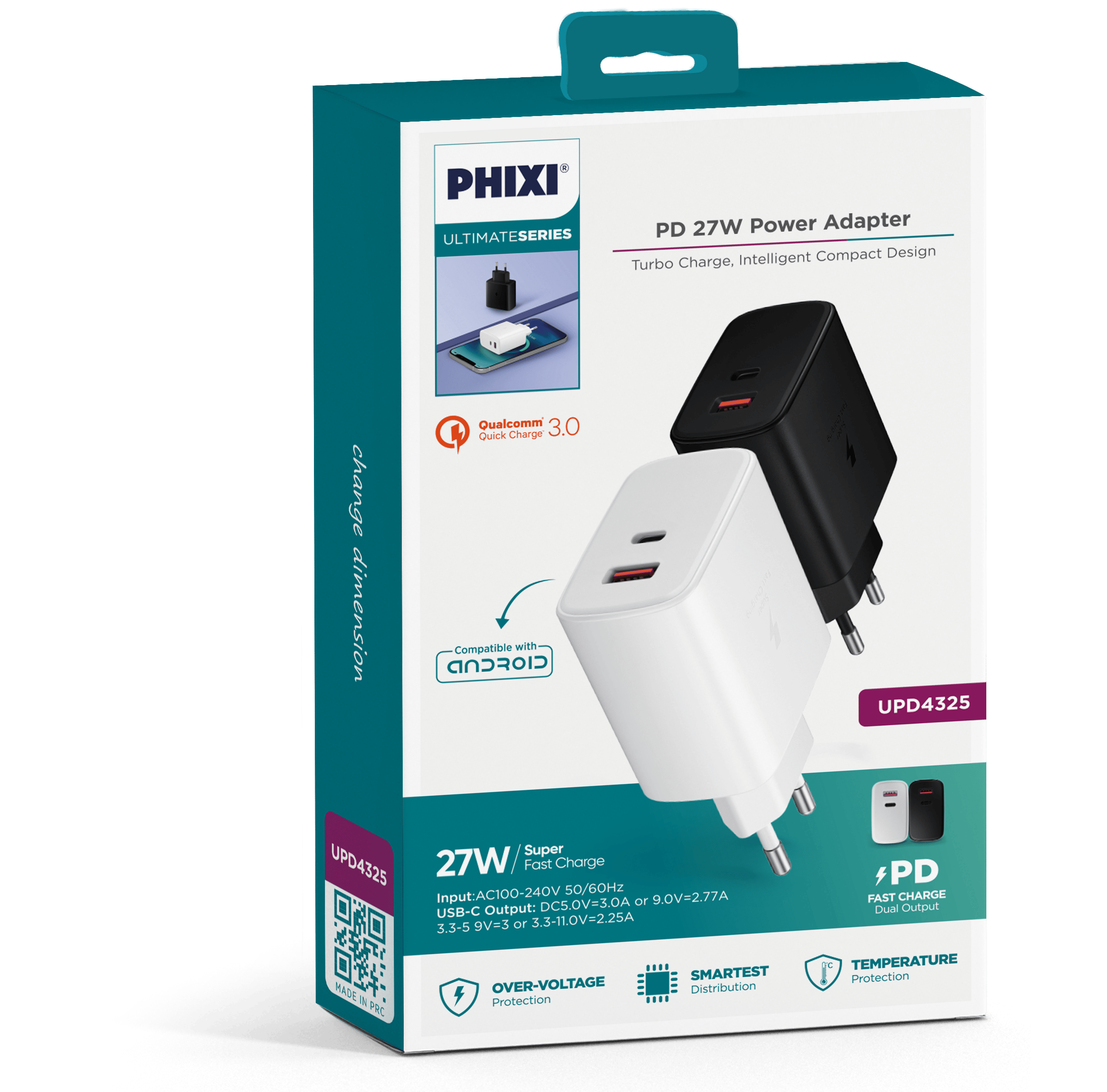 Phixi Ultimate UPD4325 27W PD Çift Çıkışlı Hızlı Şarj Adaptörü