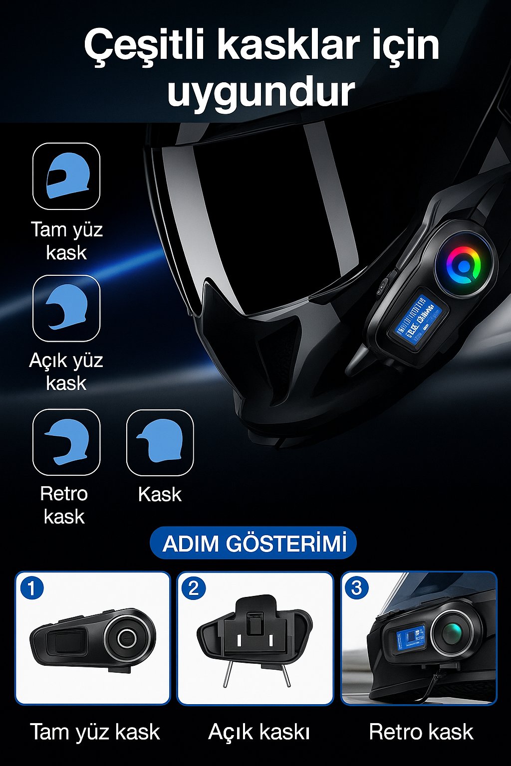 Q58-MAX Motosiklet Kask Bluetooth Intercom – FM Radyo, SD Kart, Su Geçirmez