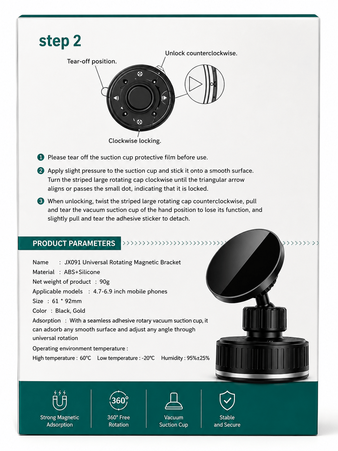 Telefon Tutucu Manyetik Vakumlu Kompakt Ev Ofis Oto Aksesuarları Siyah
