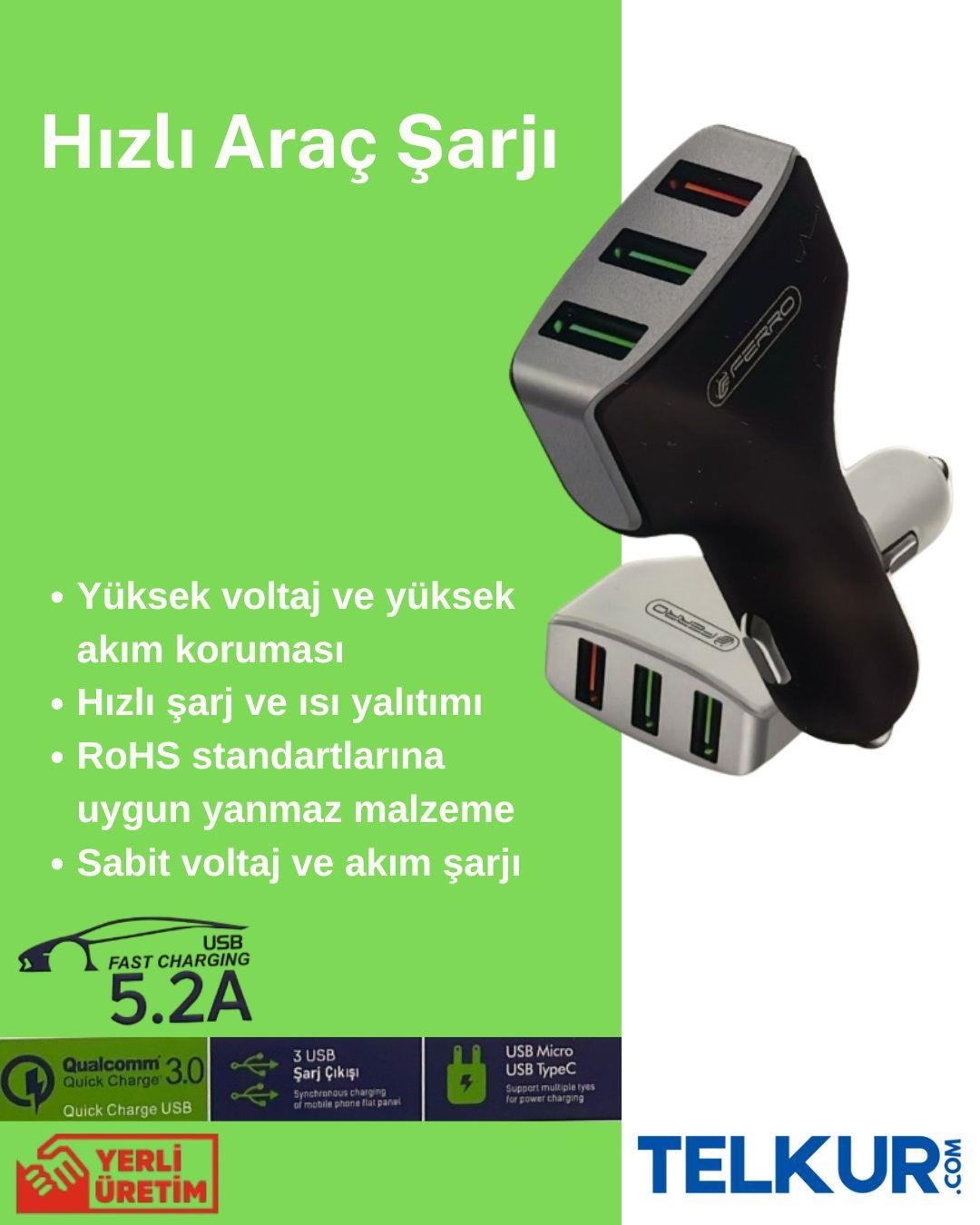 TELKUR FS-01 Qualcom 3,0 Hızlı Araç Şarjı 3 Usb Çıkışlı 5,2 A