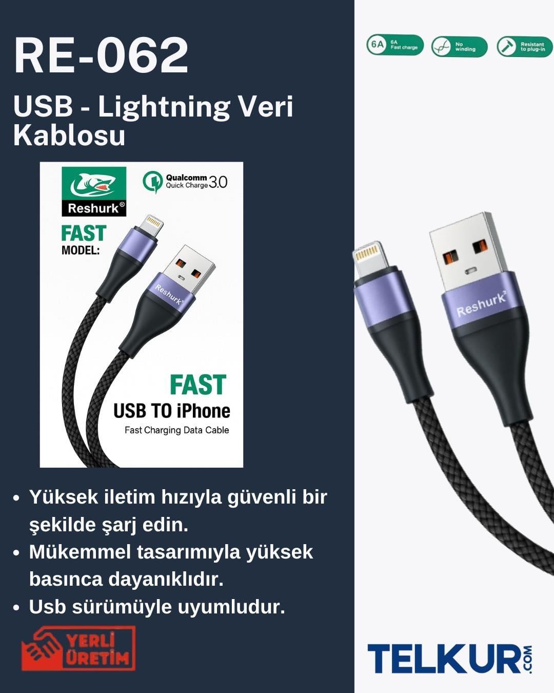 TELKUR Reshurk RE-062 Usb-c & Lightning Metal Uclu 1000cm 6A Hasır Data - Şarj Kablosu