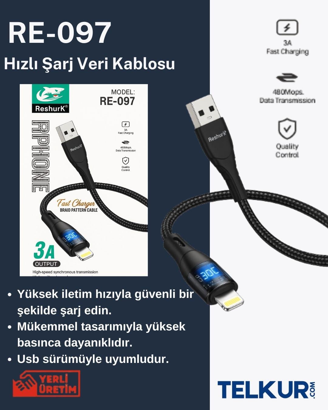 TELKUR Reshurk RE-097 Usb-c & Lightning Metal Uclu Ledli 1000cm 3A Hızlı Data - Şarj Hasır Kablo
