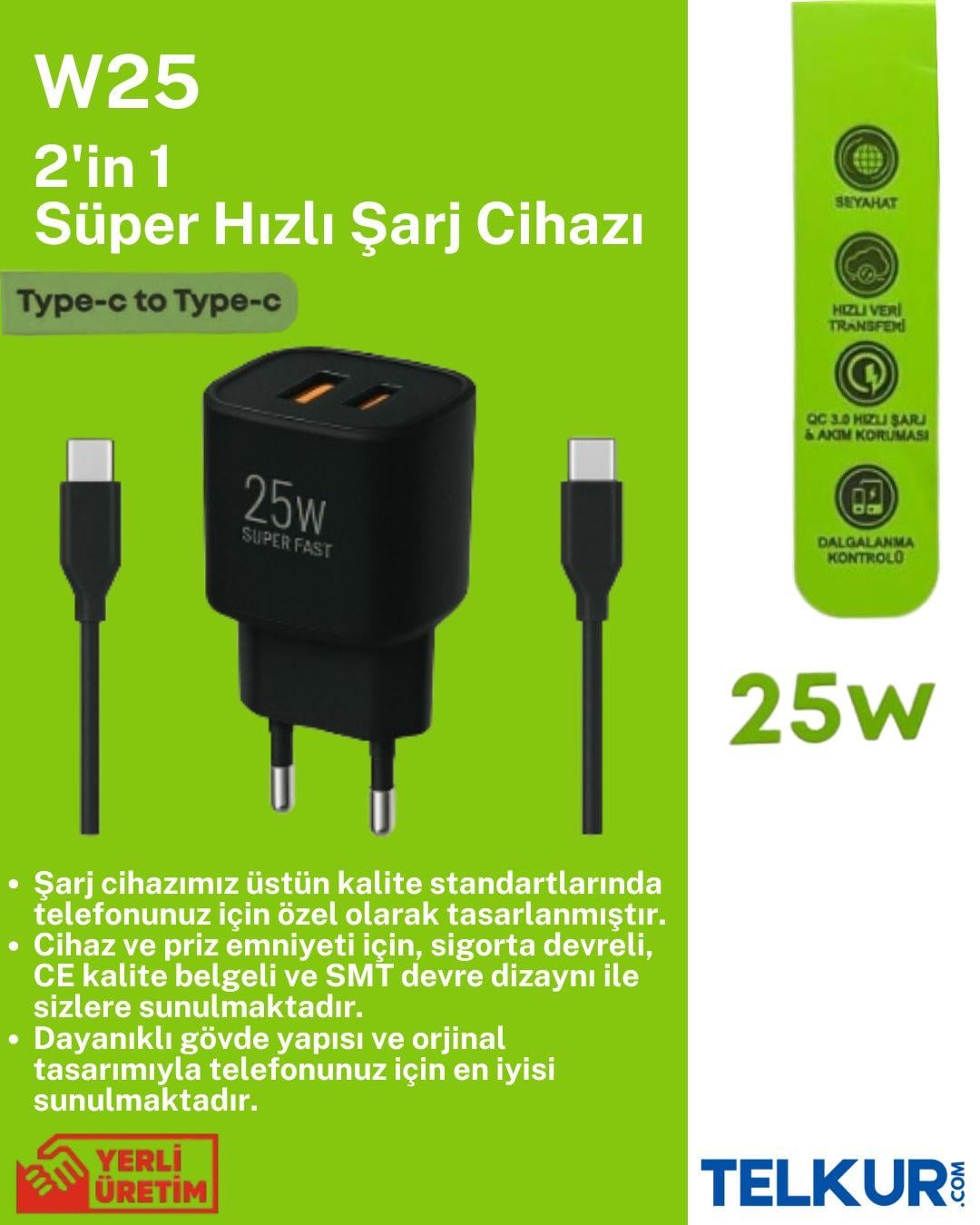 TELKUR W25 Qualcom Usb & Pd Çift Çıkışlı  Süper Hızlı Şarj 3.0 Amper