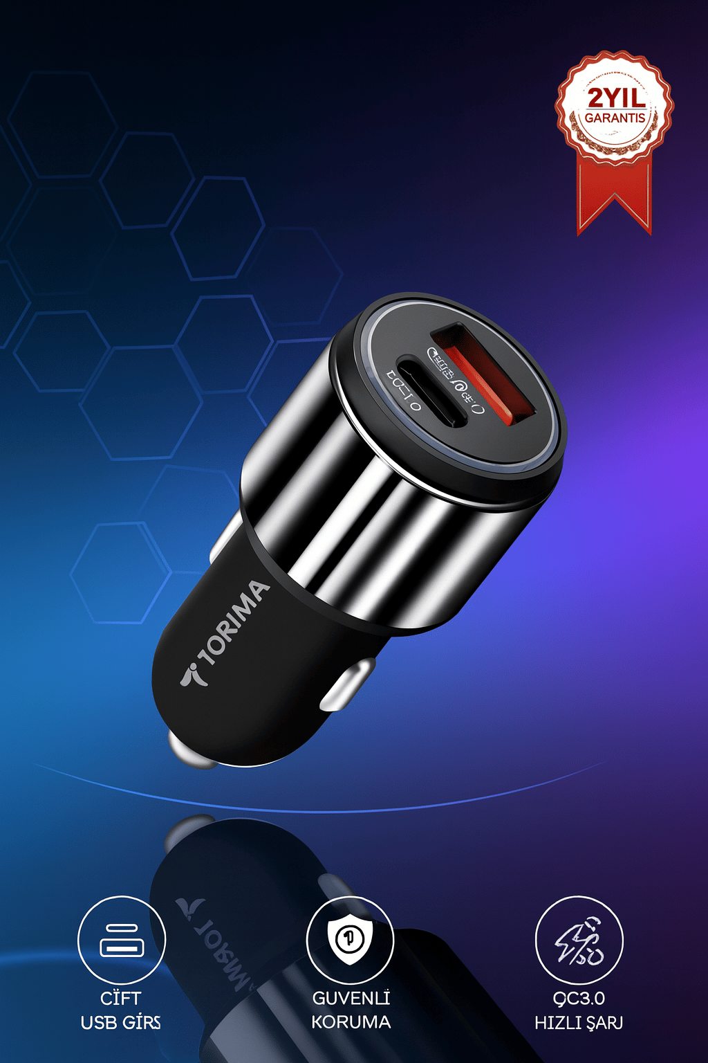 Torima C16 45W Silver Araç Şarj Cihazı Lıghtnıng Kablolu Hızlı Şarj Adaptörü